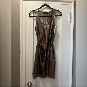 Derek Lam Metallic Bronze Mini Dress with Black Rope Detail Waist Tie - S $485